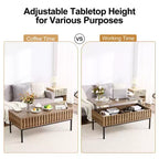 Table basse relevable avec rangement dissimulé, finition teck, 109x56 cm, style ferme