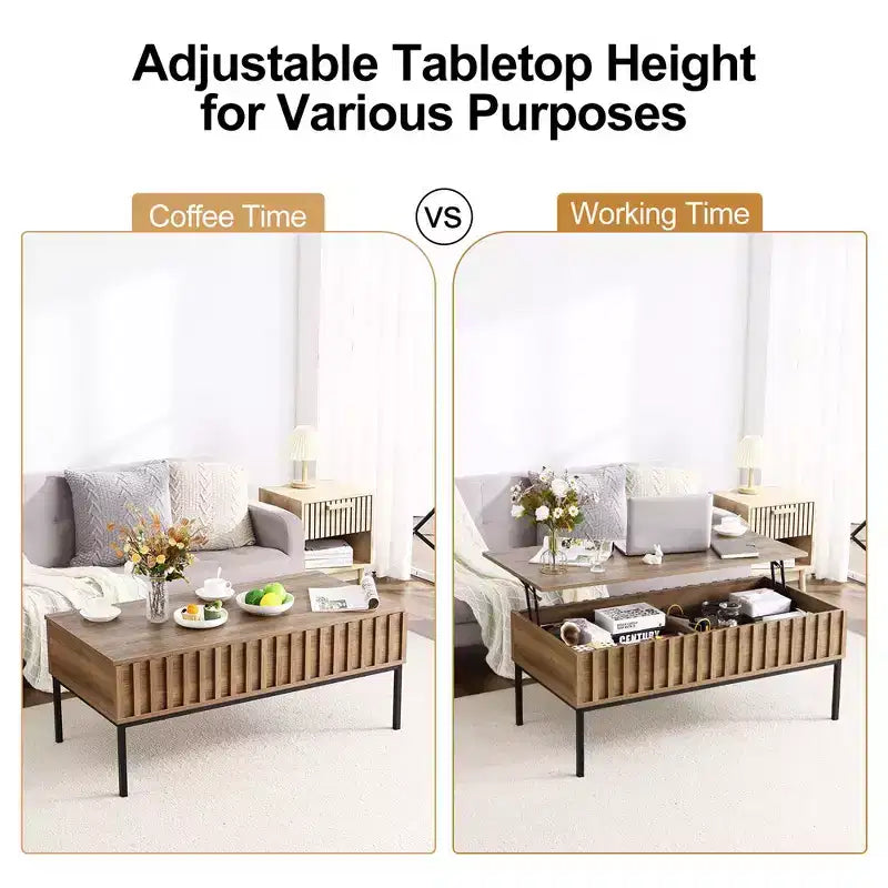 Table basse relevable avec rangement dissimulé, finition teck, 109x56 cm, style ferme