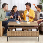 Table basse relevable avec rangement dissimulé, finition teck, 109x56 cm, style ferme
