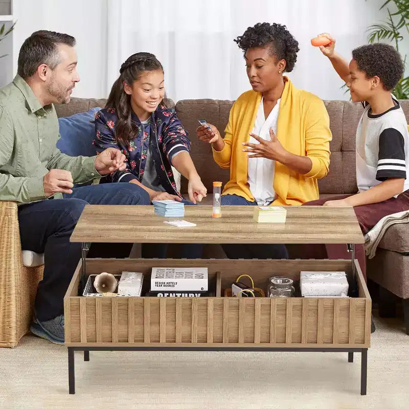 Table basse relevable avec rangement dissimulé, finition teck, 109x56 cm, style ferme