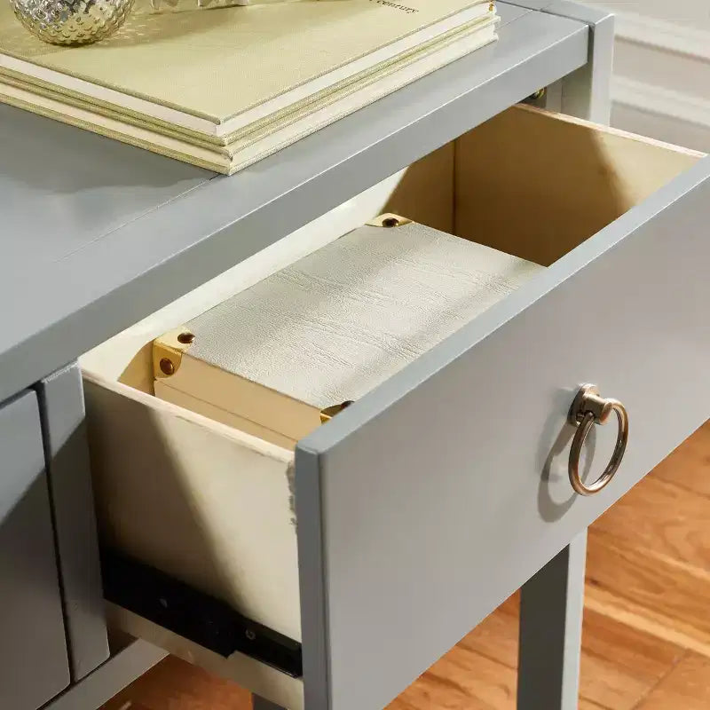 Console Scandinave, Bois d'hévéa, 2 tiroirs et étagère ouverte, Capacité 26 kg, Bleu marine