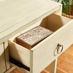 Console Scandinave, Bois d'hévéa, 2 tiroirs et étagère ouverte, Capacité 26 kg, Bleu marine