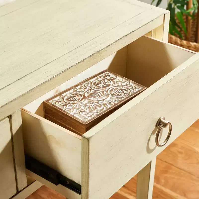 Console Scandinave, Bois d'hévéa, 2 tiroirs et étagère ouverte, Capacité 26 kg, Bleu marine