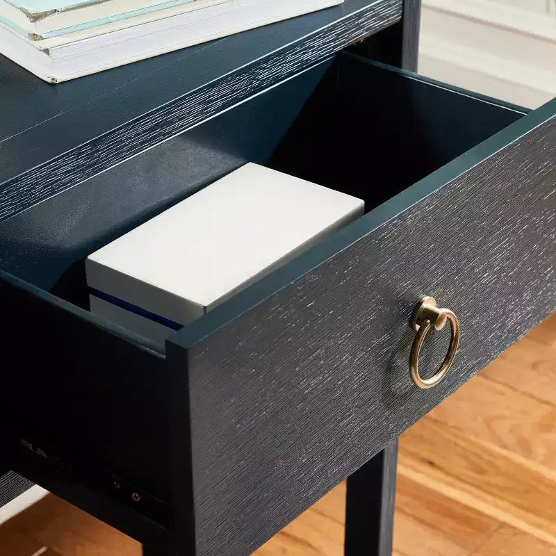 Console Scandinave, Bois d'hévéa, 2 tiroirs et étagère ouverte, Capacité 26 kg, Bleu marine