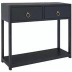 Console Scandinave, Bois d'hévéa, 2 tiroirs et étagère ouverte, Capacité 26 kg, Bleu marine