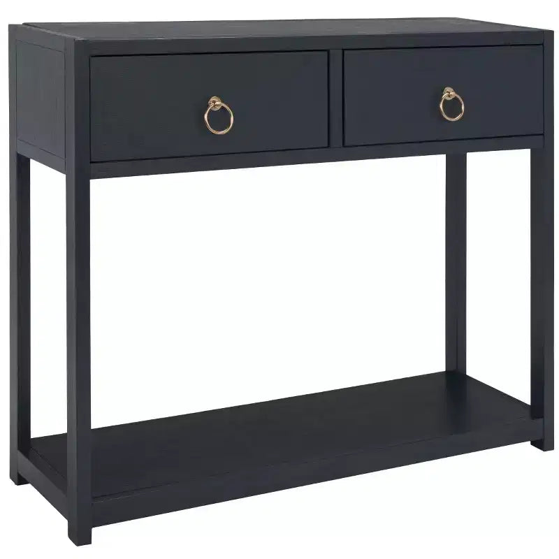 Console Scandinave, Bois d'hévéa, 2 tiroirs et étagère ouverte, Capacité 26 kg, Bleu marine
