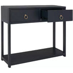 Console Scandinave, Bois d'hévéa, 2 tiroirs et étagère ouverte, Capacité 26 kg, Bleu marine