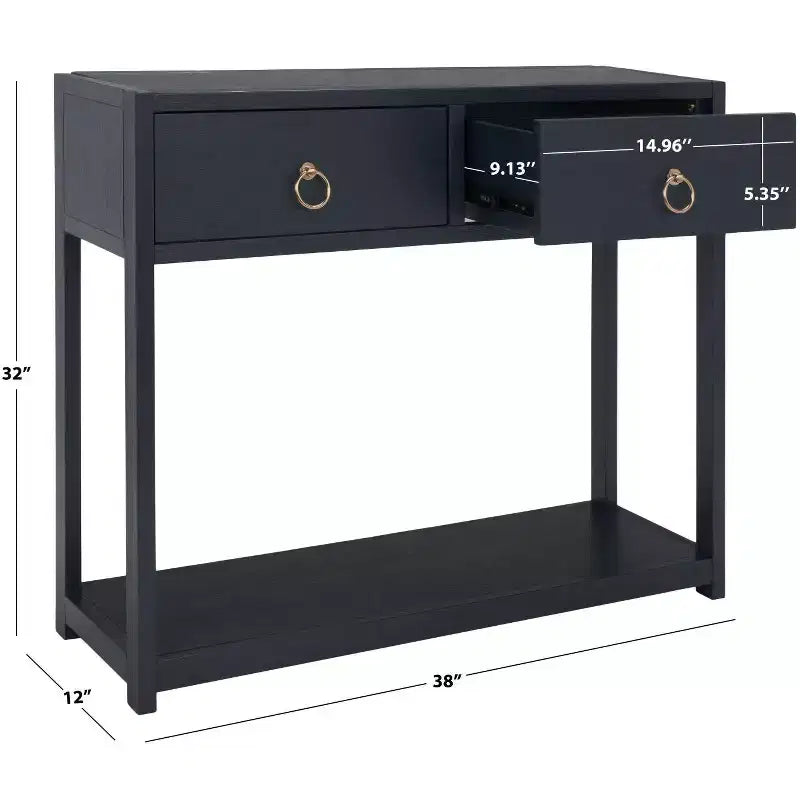 Console Scandinave, Bois d'hévéa, 2 tiroirs et étagère ouverte, Capacité 26 kg, Bleu marine