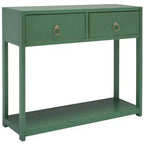 Console Scandinave, Bois d'hévéa, 2 tiroirs et étagère ouverte, Capacité 26 kg, Bleu marine