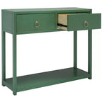 Console Scandinave, Bois d'hévéa, 2 tiroirs et étagère ouverte, Capacité 26 kg, Bleu marine