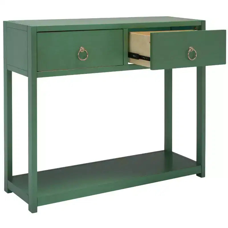 Console Scandinave, Bois d'hévéa, 2 tiroirs et étagère ouverte, Capacité 26 kg, Bleu marine