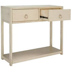 Console Scandinave, Bois d'hévéa, 2 tiroirs et étagère ouverte, Capacité 26 kg, Bleu marine