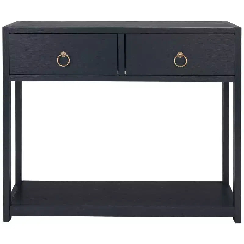 Console Scandinave, Bois d'hévéa, 2 tiroirs et étagère ouverte, Capacité 26 kg, Bleu marine