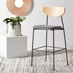 Tabouret de bar, dossier en noyer, assise en polyester noir, structure en fer, repose-pieds, hauteur d'assise 76 cm, capacité 113 kg