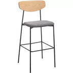 Tabouret de bar, dossier en noyer, assise en polyester noir, structure en fer, repose-pieds, hauteur d'assise 76 cm, capacité 113 kg