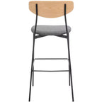Tabouret de bar, dossier en noyer, assise en polyester noir, structure en fer, repose-pieds, hauteur d'assise 76 cm, capacité 113 kg