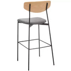Tabouret de bar, dossier en noyer, assise en polyester noir, structure en fer, repose-pieds, hauteur d'assise 76 cm, capacité 113 kg