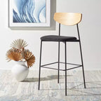 Tabouret de bar, dossier en noyer, assise en polyester noir, structure en fer, repose-pieds, hauteur d'assise 76 cm, capacité 113 kg