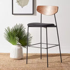 Tabouret de bar, dossier en noyer, assise en polyester noir, structure en fer, repose-pieds, hauteur d'assise 76 cm, capacité 113 kg