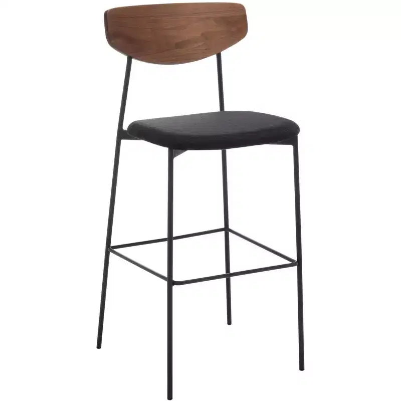 Tabouret de bar, dossier en noyer, assise en polyester noir, structure en fer, repose-pieds, hauteur d'assise 76 cm, capacité 113 kg