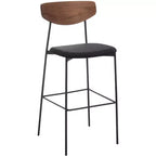 Tabouret de bar, dossier en noyer, assise en polyester noir, structure en fer, repose-pieds, hauteur d'assise 76 cm, capacité 113 kg