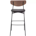 Tabouret de bar, dossier en noyer, assise en polyester noir, structure en fer, repose-pieds, hauteur d'assise 76 cm, capacité 113 kg