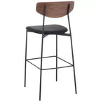 Tabouret de bar, dossier en noyer, assise en polyester noir, structure en fer, repose-pieds, hauteur d'assise 76 cm, capacité 113 kg
