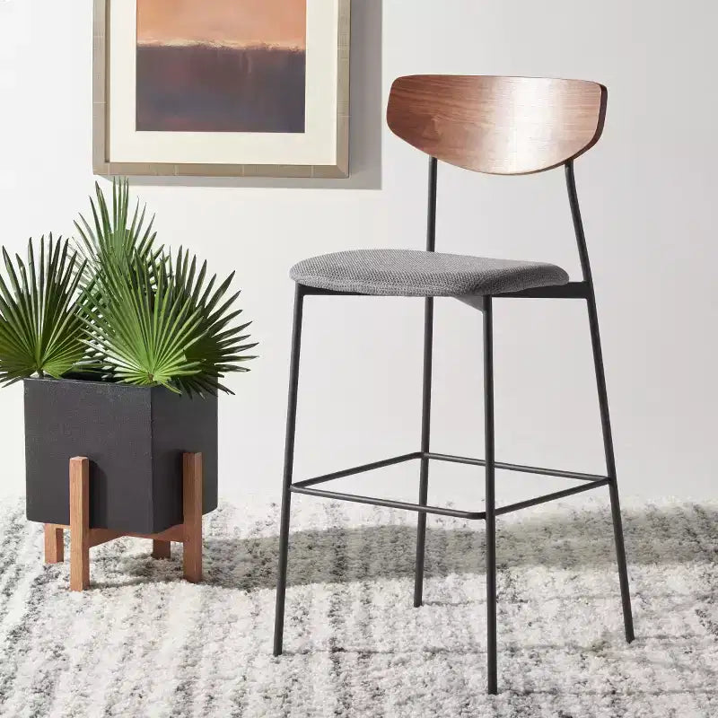 Tabouret de bar, dossier en noyer, assise en polyester noir, structure en fer, repose-pieds, hauteur d'assise 76 cm, capacité 113 kg