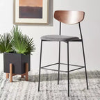 Tabouret de bar, dossier en noyer, assise en polyester noir, structure en fer, repose-pieds, hauteur d'assise 76 cm, capacité 113 kg