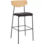 Tabouret de bar, dossier en noyer, assise en polyester noir, structure en fer, repose-pieds, hauteur d'assise 76 cm, capacité 113 kg