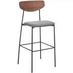 Tabouret de bar, dossier en noyer, assise en polyester noir, structure en fer, repose-pieds, hauteur d'assise 76 cm, capacité 113 kg