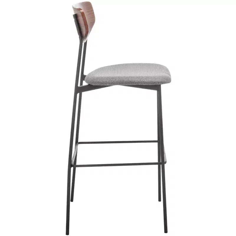 Tabouret de bar, dossier en noyer, assise en polyester noir, structure en fer, repose-pieds, hauteur d'assise 76 cm, capacité 113 kg
