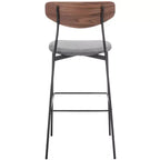 Tabouret de bar, dossier en noyer, assise en polyester noir, structure en fer, repose-pieds, hauteur d'assise 76 cm, capacité 113 kg
