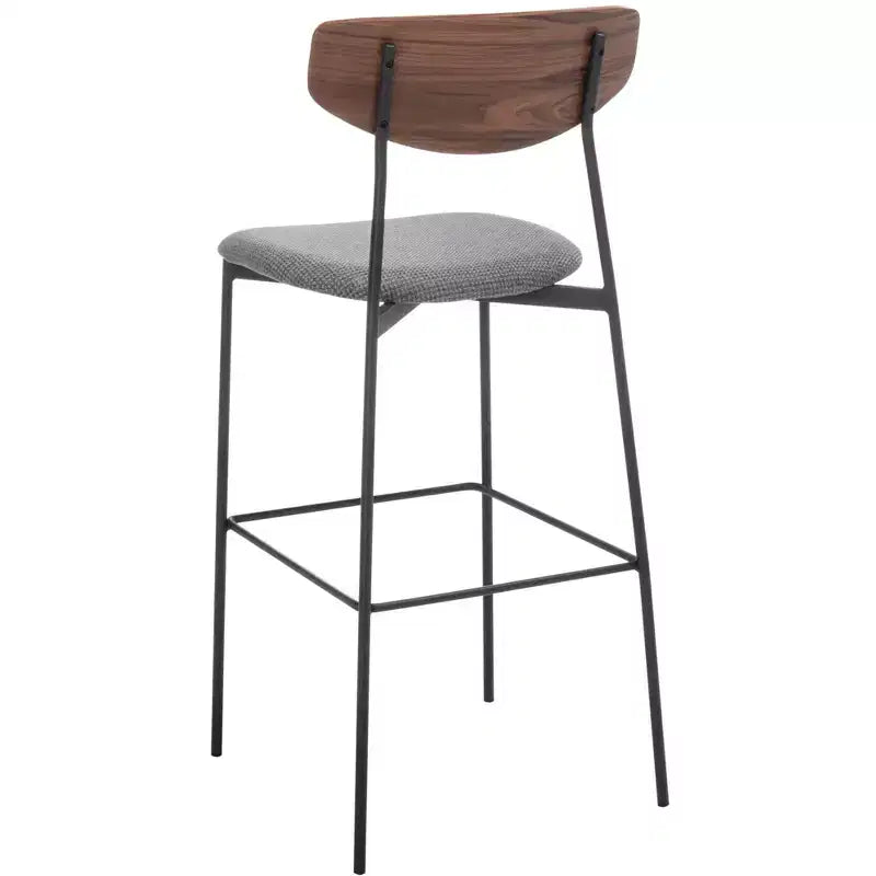 Tabouret de bar, dossier en noyer, assise en polyester noir, structure en fer, repose-pieds, hauteur d'assise 76 cm, capacité 113 kg