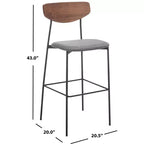 Tabouret de bar, dossier en noyer, assise en polyester noir, structure en fer, repose-pieds, hauteur d'assise 76 cm, capacité 113 kg