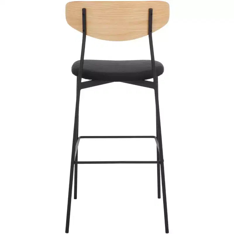 Tabouret de bar, dossier en noyer, assise en polyester noir, structure en fer, repose-pieds, hauteur d'assise 76 cm, capacité 113 kg