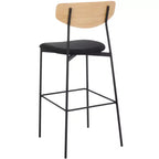 Tabouret de bar, dossier en noyer, assise en polyester noir, structure en fer, repose-pieds, hauteur d'assise 76 cm, capacité 113 kg