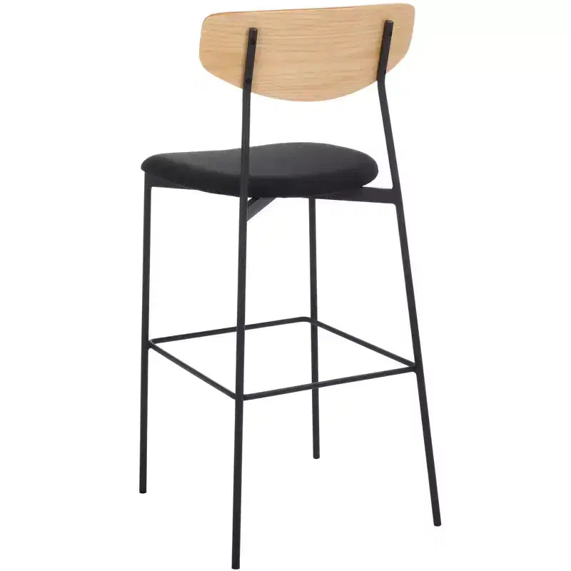 Tabouret de bar, dossier en noyer, assise en polyester noir, structure en fer, repose-pieds, hauteur d'assise 76 cm, capacité 113 kg