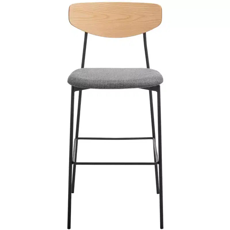Tabouret de bar, dossier en noyer, assise en polyester noir, structure en fer, repose-pieds, hauteur d'assise 76 cm, capacité 113 kg