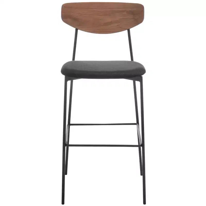 Tabouret de bar, dossier en noyer, assise en polyester noir, structure en fer, repose-pieds, hauteur d'assise 76 cm, capacité 113 kg