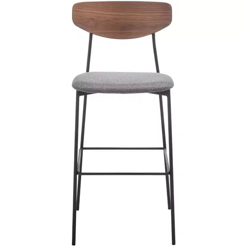 Tabouret de bar, dossier en noyer, assise en polyester noir, structure en fer, repose-pieds, hauteur d'assise 76 cm, capacité 113 kg