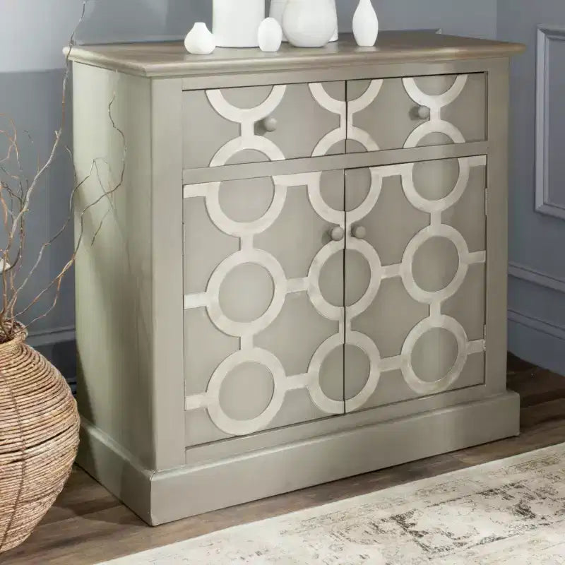 Commode de rangement 2 tiroirs, 2 portes, en gris, bois de sapin et MDF, 22,7 kg/tiroir, aucun assemblage requis