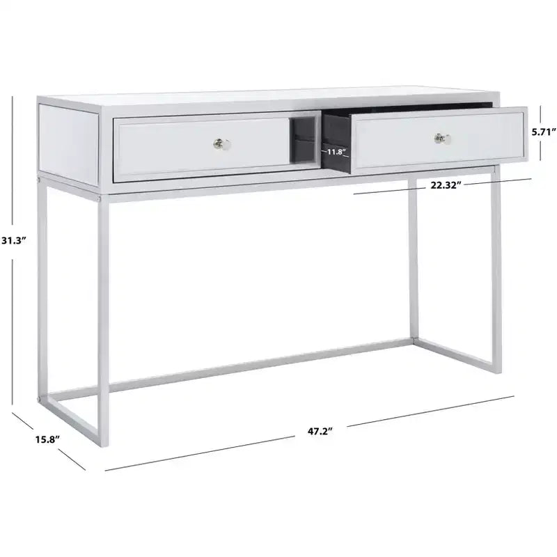 Bureau à écrire 2 tiroirs miroir, argent, bois + fer + miroir, capacité de 27 kg, 79,5 cm H x 120 cm L x 40 cm P