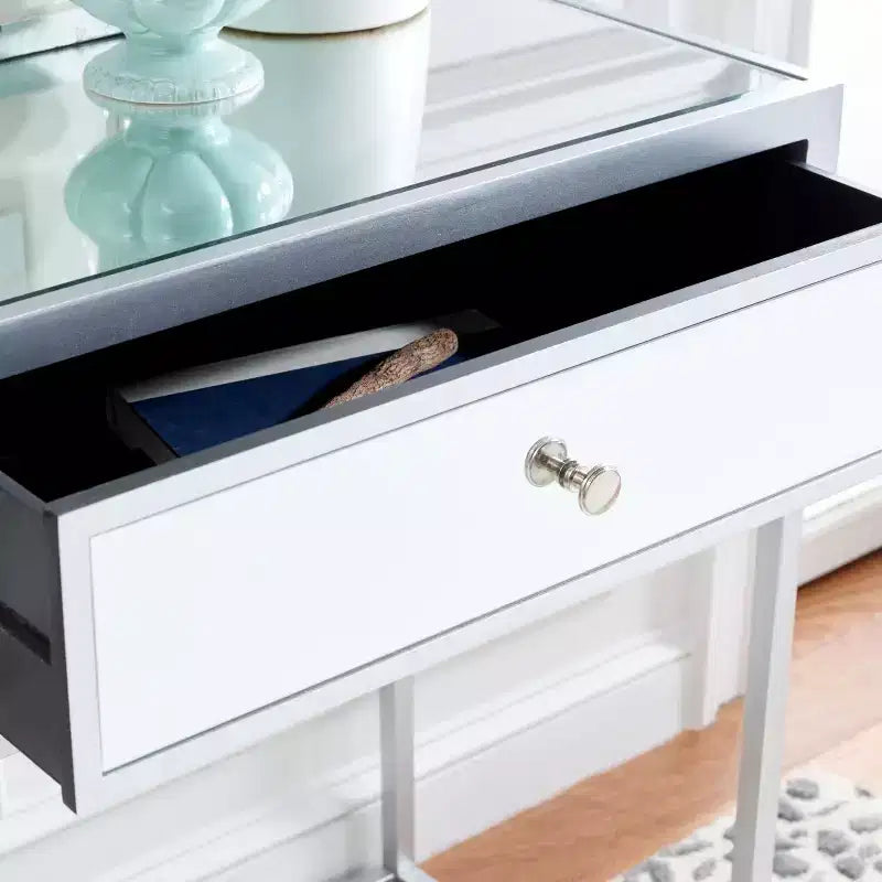 Bureau à écrire 2 tiroirs miroir, argent, bois + fer + miroir, capacité de 27 kg, 79,5 cm H x 120 cm L x 40 cm P