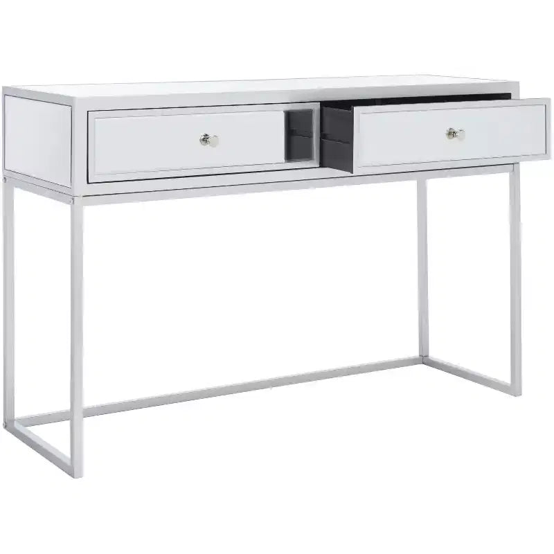 Bureau à écrire 2 tiroirs miroir, argent, bois + fer + miroir, capacité de 27 kg, 79,5 cm H x 120 cm L x 40 cm P