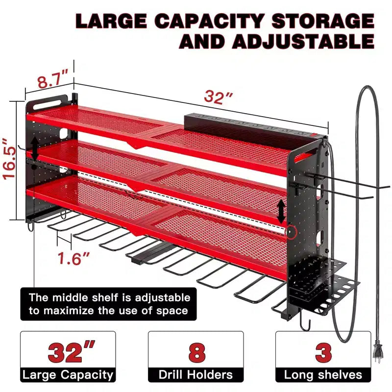 Organisateur mural pour outils électriques à 4 niveaux, 8 porte-perceuses, acier, étagère réglable, panneau perforé, câble de 2 m, rouge/noir/jaune