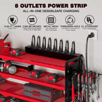 Organisateur mural pour outils électriques à 4 niveaux, 8 porte-perceuses, acier, étagère réglable, panneau perforé, câble de 2 m, rouge/noir/jaune