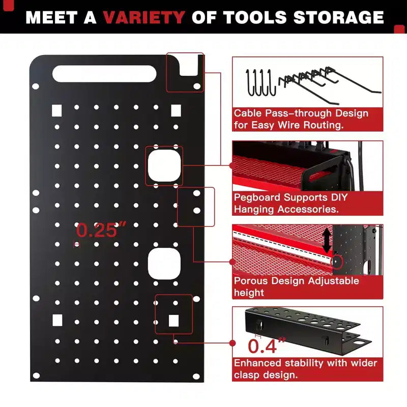 Organisateur mural pour outils électriques à 4 niveaux, 8 porte-perceuses, acier, étagère réglable, panneau perforé, câble de 2 m, rouge/noir/jaune