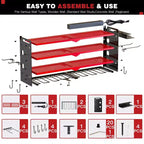 Organisateur mural pour outils électriques à 4 niveaux, 8 porte-perceuses, acier, étagère réglable, panneau perforé, câble de 2 m, rouge/noir/jaune