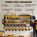 Organisateur mural pour outils électriques à 4 niveaux, 8 porte-perceuses, acier, étagère réglable, panneau perforé, câble de 2 m, rouge/noir/jaune